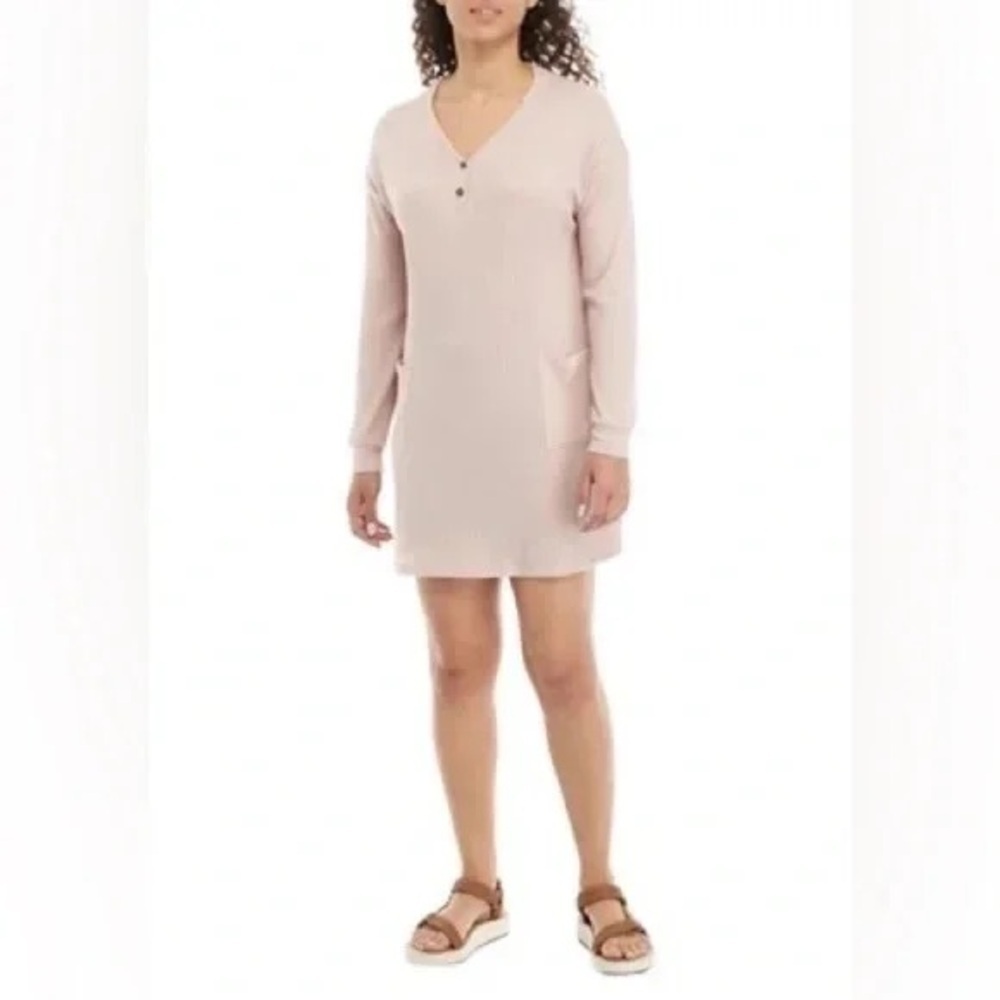 True Craft | Long Sleeve Waffle Knit Henley Dress Ash Pink Medium